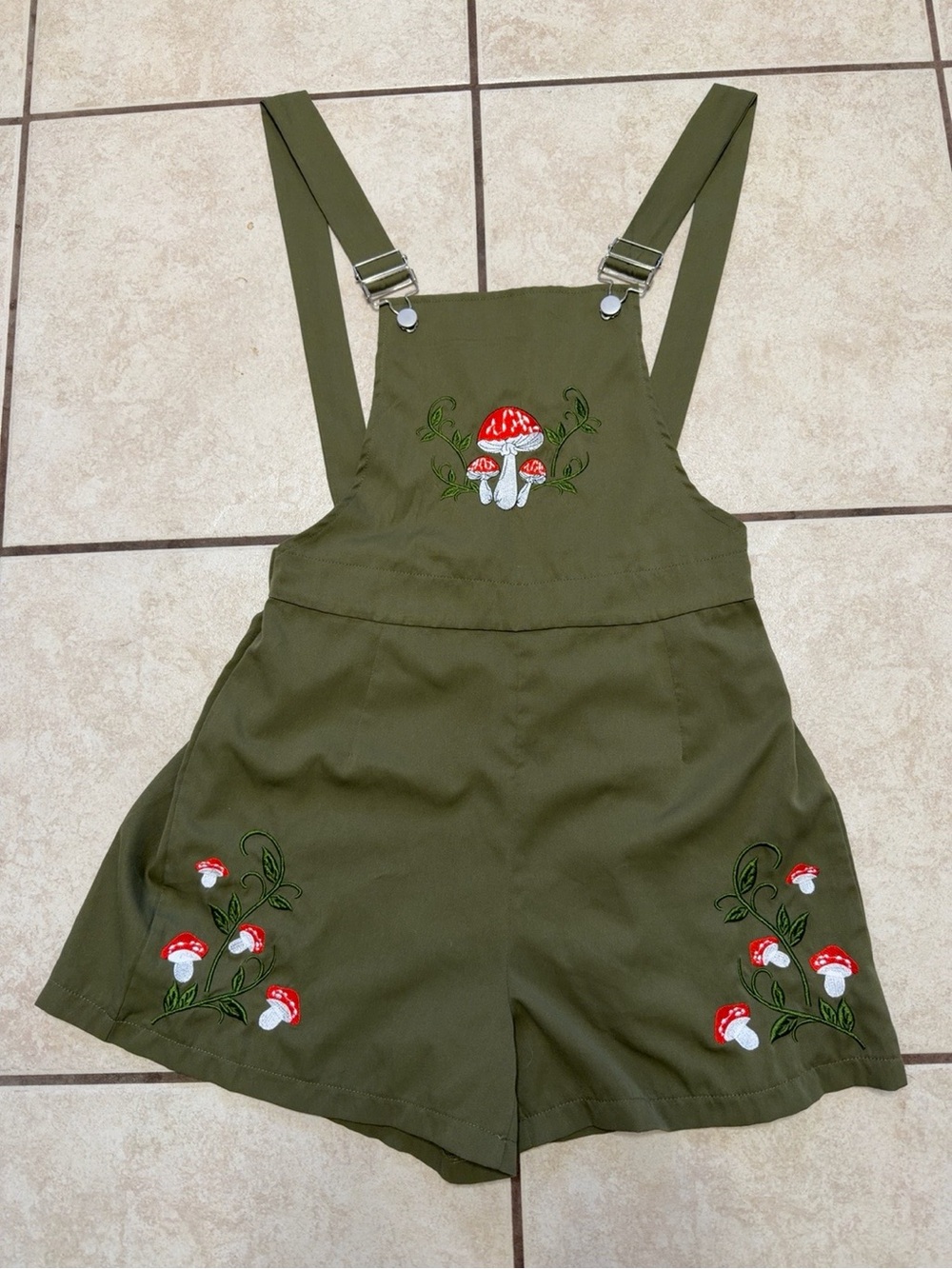 ROMWE Mushroom Embroidered Overall Romper Shorts Cottagecore Fairycore L - Picture 2 of 8